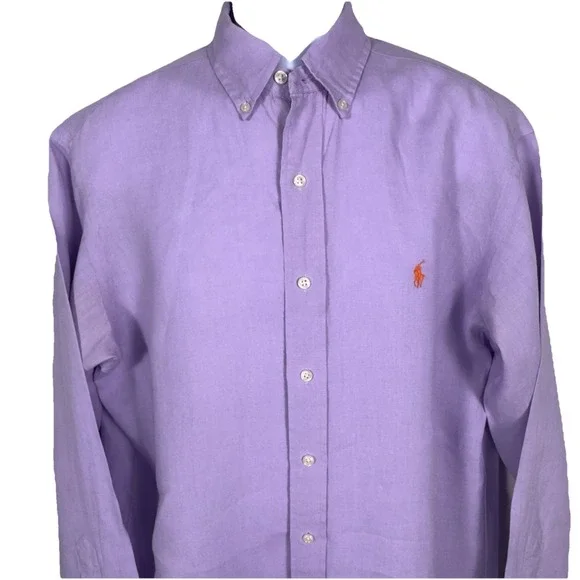 Ralph Lauren Mens Linen Shirt Med Lilac Classic Fit Button Down Long Sleeve Pony - Picture 3 of 10